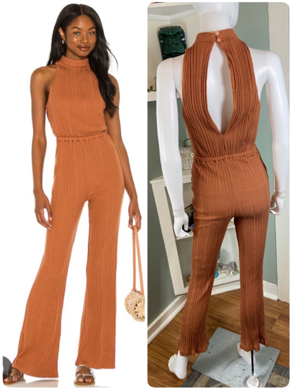 House of Harlow 1960 x Revolve Caro Ribbed Halter Flare Let Jumpsuit Rust [CH]